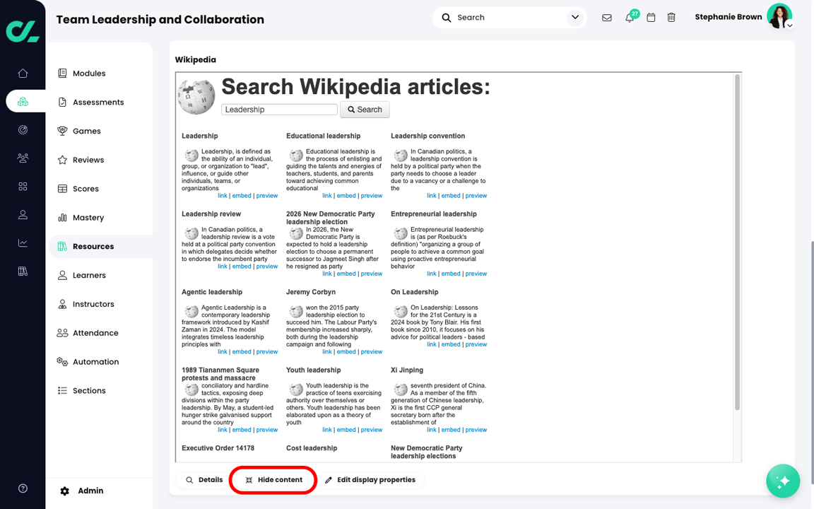 Course, Resources page with an embedded tool shown on the page and the Hide content button highlighted