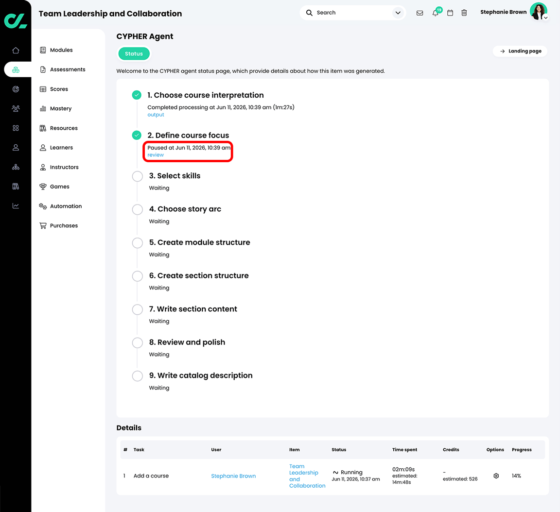 CYPHER Agent status page with the review button highlighted in the Define course focus section