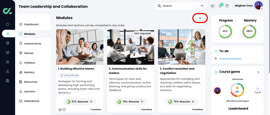 Course, Modules page with the List view button highlighted