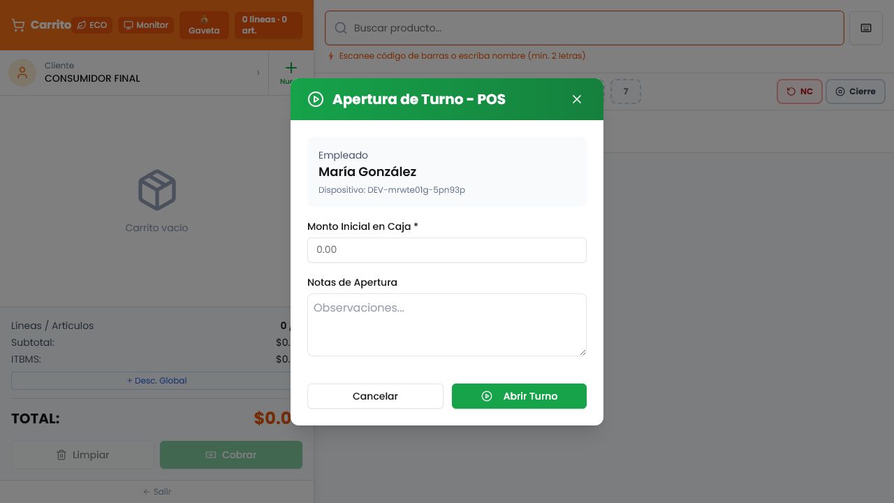 Pantalla real del punto de venta de Innova Emission