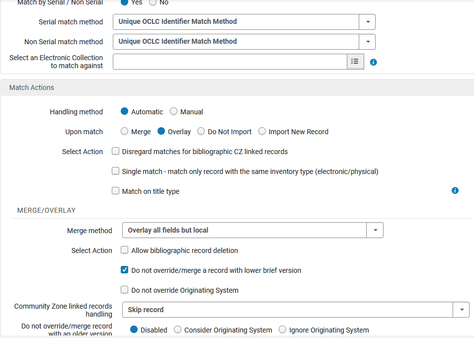 Top half of Match Profile tab; unique OCLC has been chosen for the match