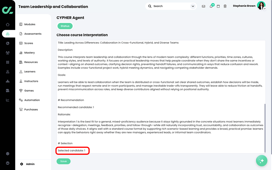 CYPHER Agent Choose course interpretation Markdown file in Edit mode, with the Selected candidate highlighted
