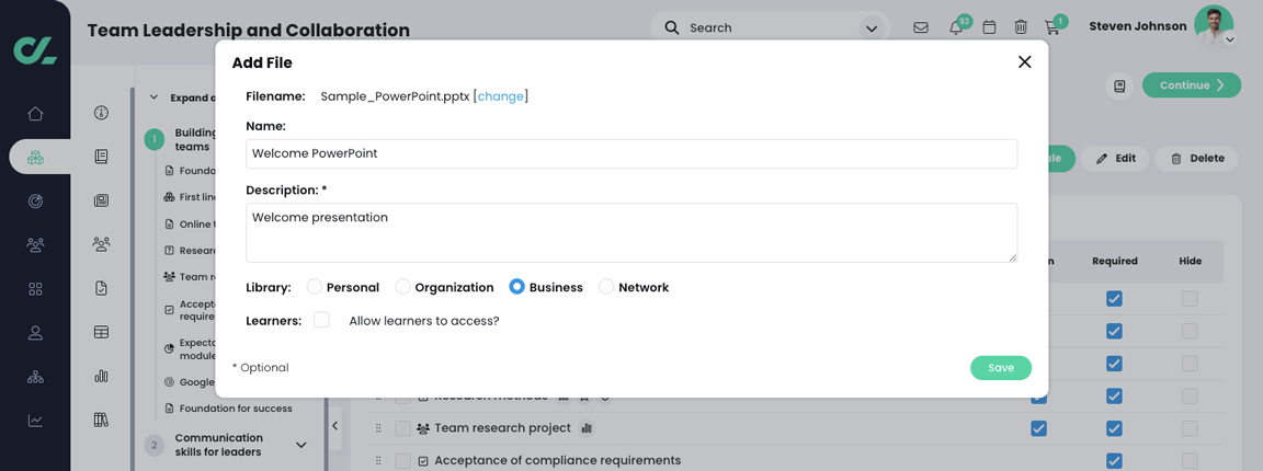 Course, Module, Add file pop-up with a sample PowerPoint selected