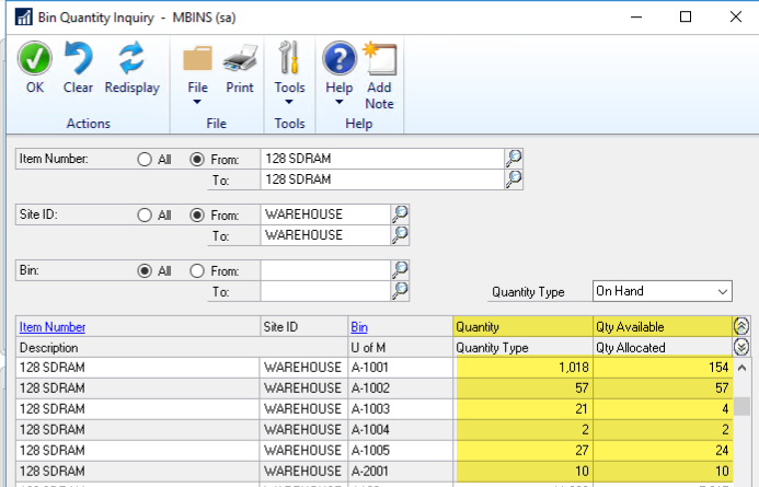 Dynamics GP Bin Quantity Inquiry displaying item quantities across multiple bin locations