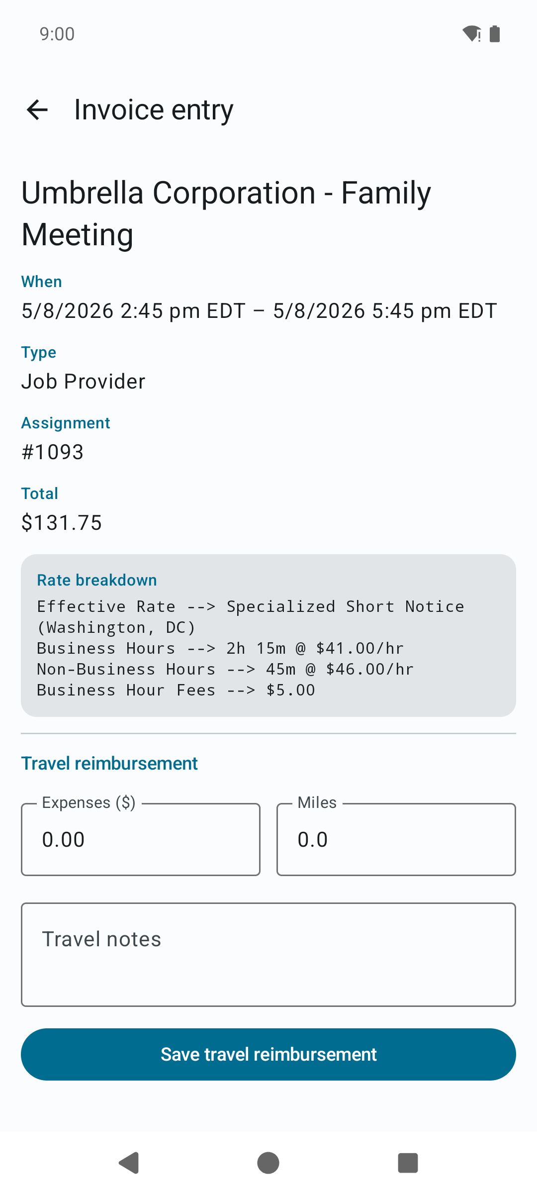 An invoice entry screen showing the assignment, type, total, a detailed rate breakdown, and travel reimbursement fields for expenses, miles, and notes with a Save travel reimbursement button.
