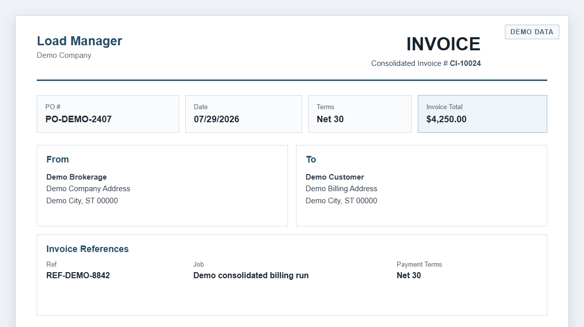 Demo consolidated invoice showing header and billing fields