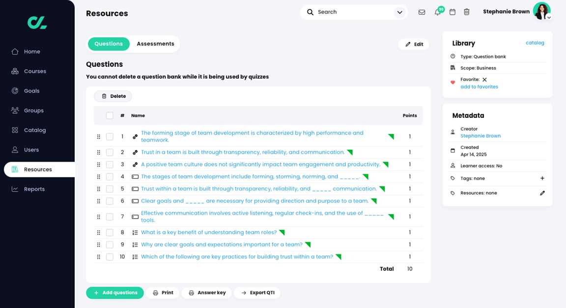 Resources, Question bank page with ten questions