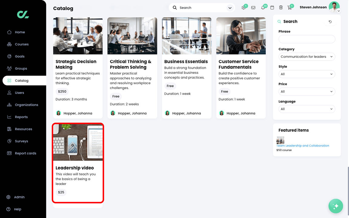 Visitor portal, Catalog, Communication for leaders category with a digital media tile highlighted