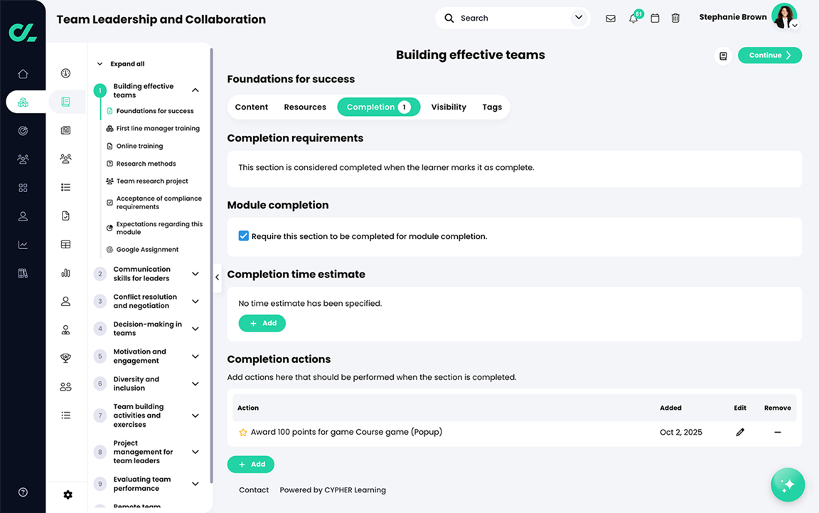 Course, Module, Section, Completion tab