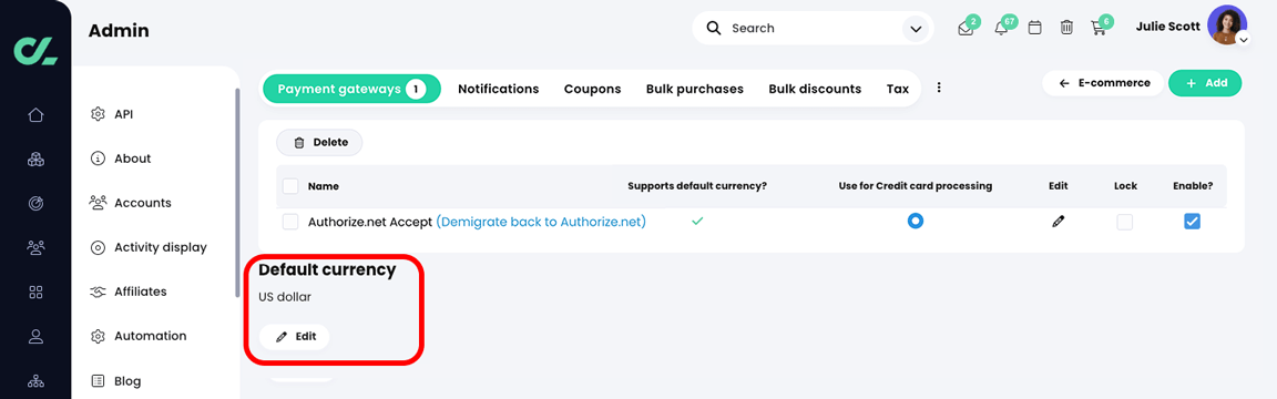 Admin, E-commerce, Payment gateways page with Authorize.net Accept enabled as a payment gateway and the Default current section highlighted