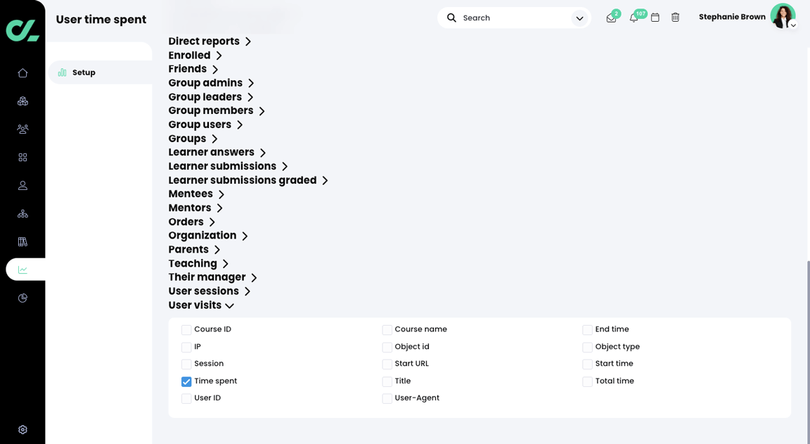 Report, Columns tab with the User visits section active and Time spent selected