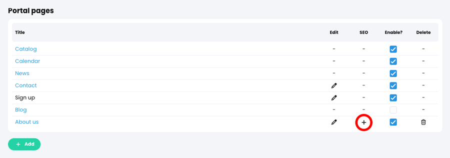 Admin, Portal, Visitor view tab, Portal pages section with the Add icon highlighted in the SEO column for the About us page