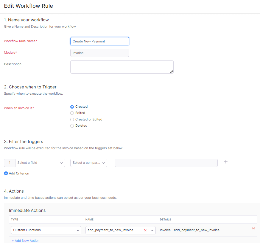 Function and workflow to create customer payment and send receipt