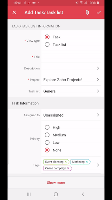 Android App Tags Tags are now supported in the Projects Android mobile app.