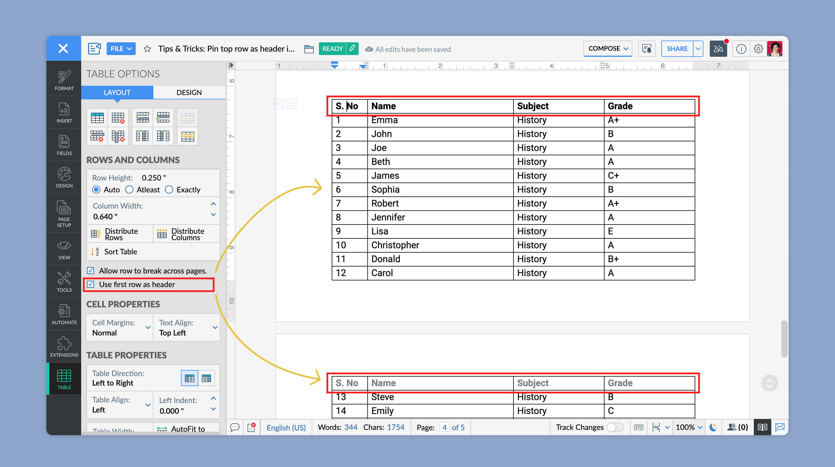 Tip #28: Pin the top row of a table as a header