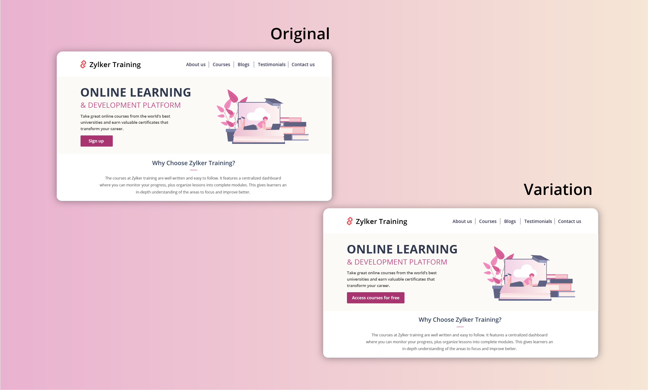 Elearning Buttons A/B Testing Idea #1: Place irresistible and clear CTA buttons