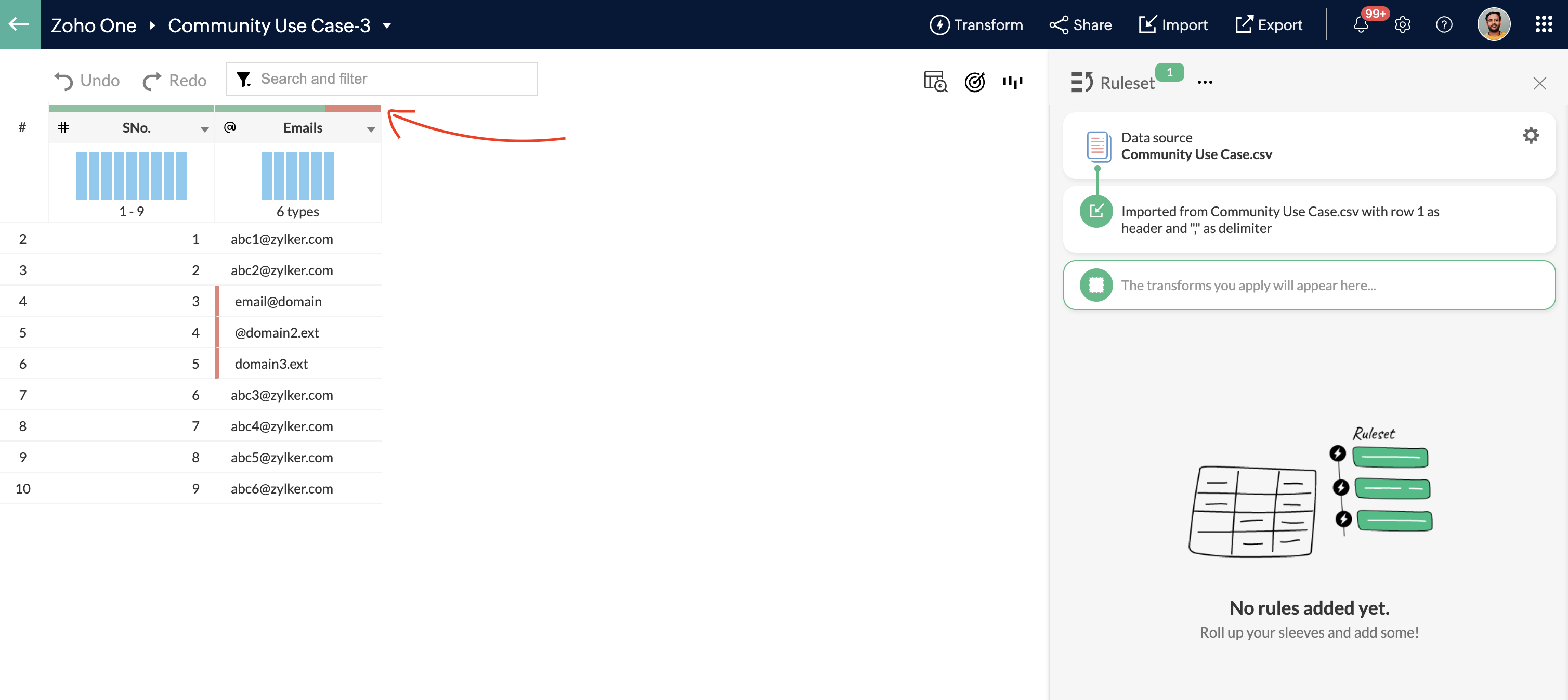 Filter incomplete email addresses using DataPrep or DataPrep + Zoho ...