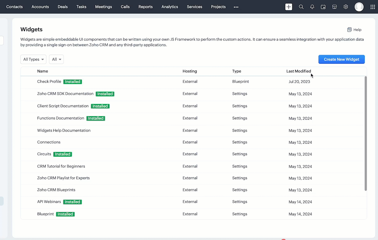 Creaking Widgit Widgets in Zoho CRM Settings