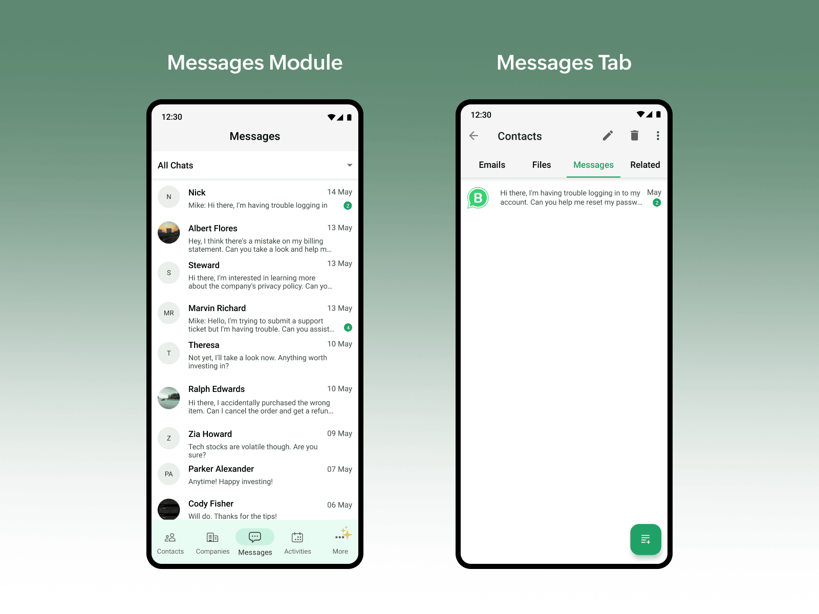 WhatsApp messages and Calendar view for activities - Android & iOS - Bigin
