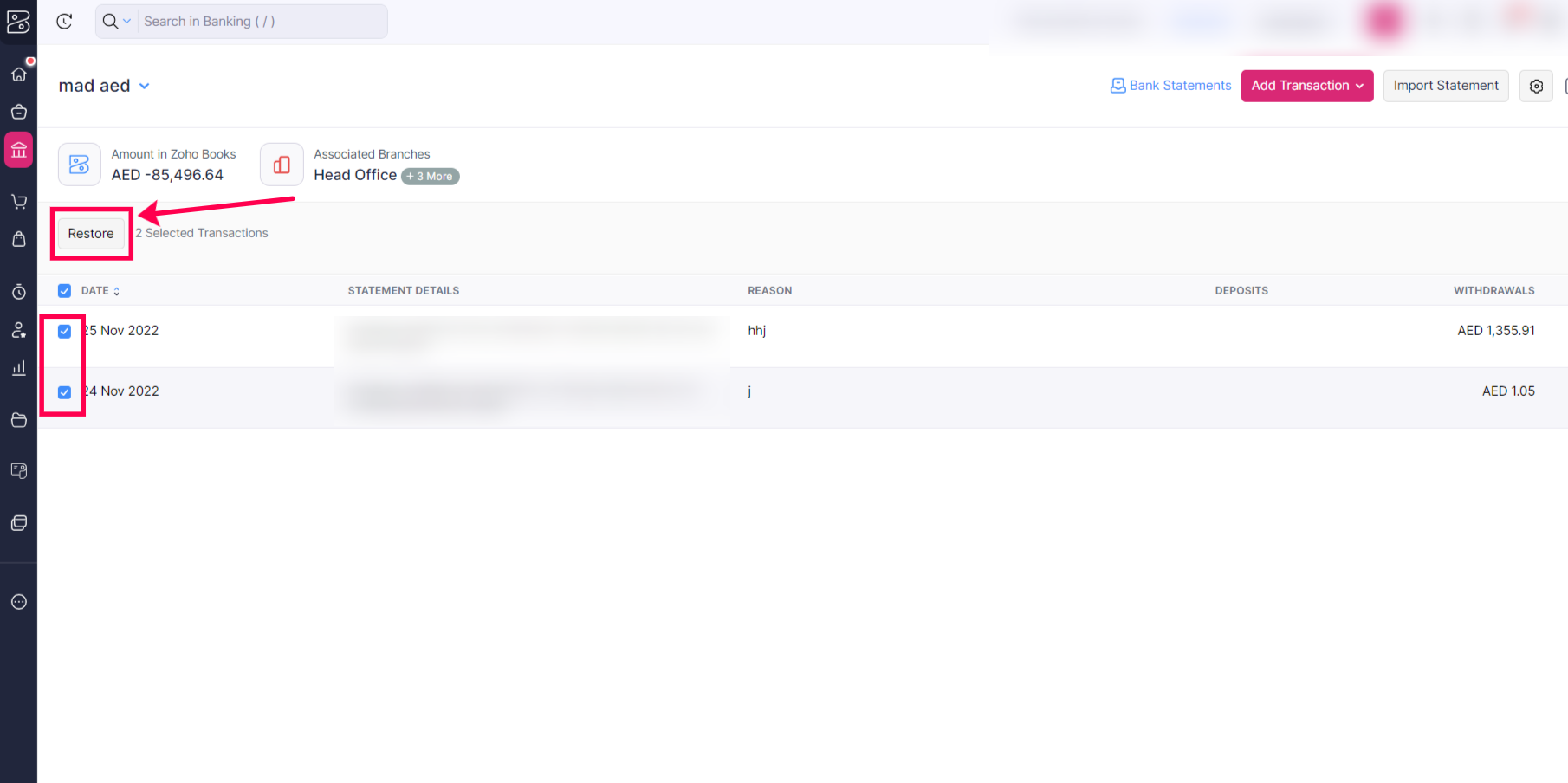 Exclude Transactions Example Manually Excluded transactions