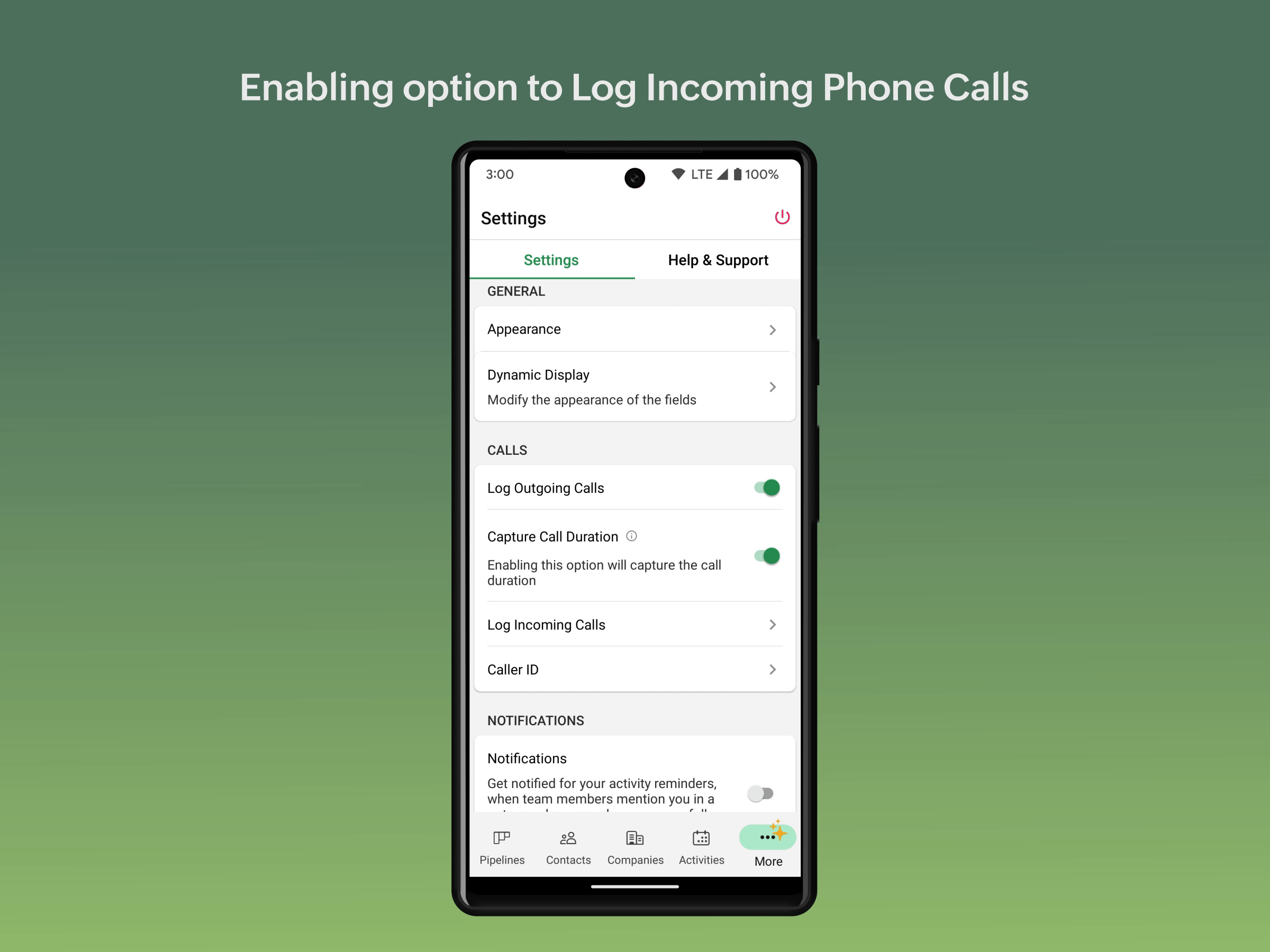 Introducing an option to log incoming phone calls in the Bigin Android app