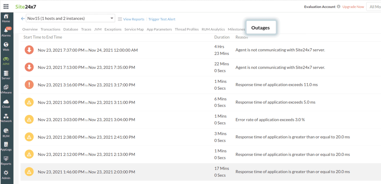 APM Insight Outages Tab