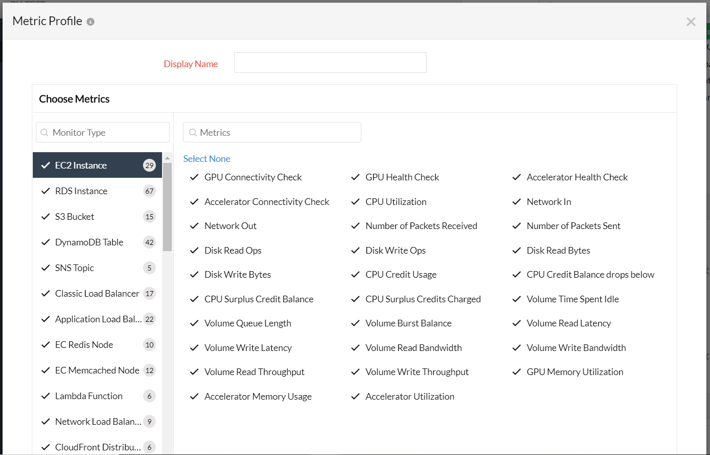 Metric profile to choose metrics to monitor