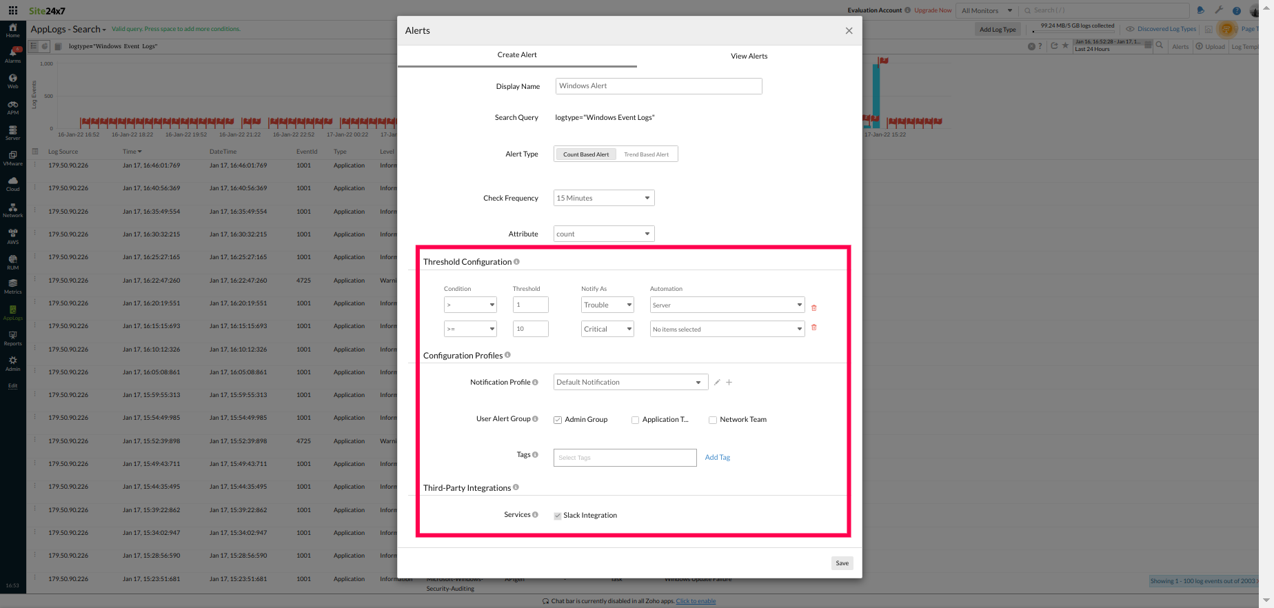 AppLogs alerts with third-party integration support