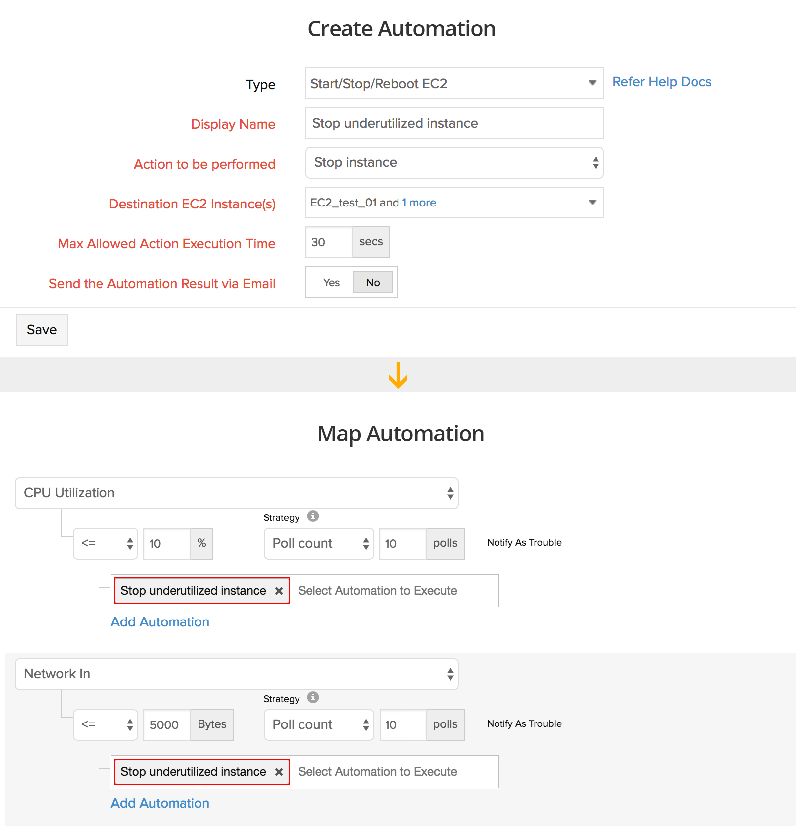 Configure and map automation to stop underutilized EC2 instances