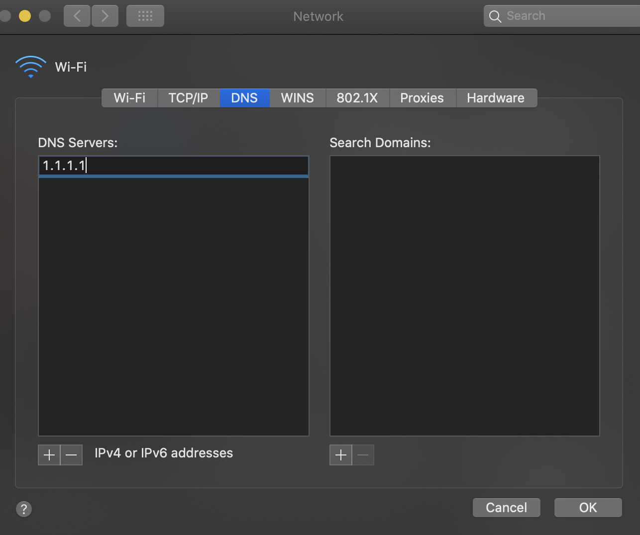 Changing DNS server address in MacOS