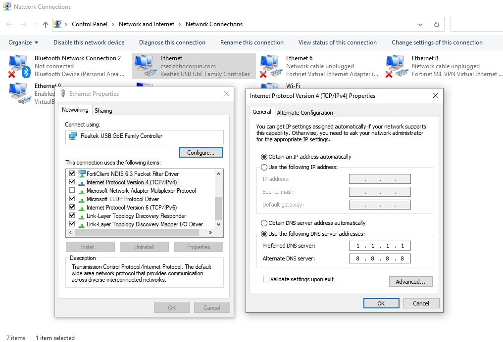 Changing DNS server address in Windows