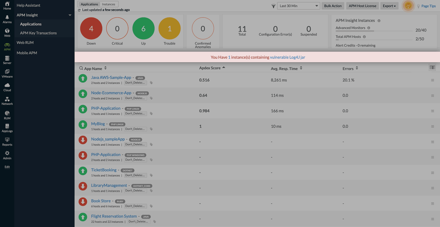 Log4j vulnerability notification in APM Insight Java agent