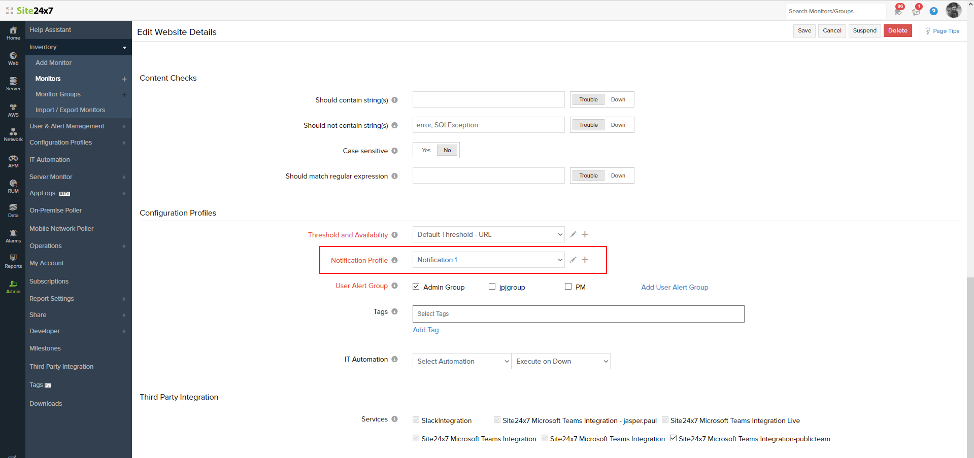 Notification Profile in Edit website