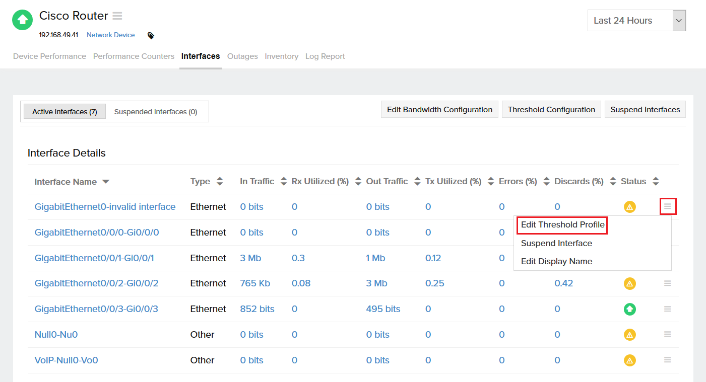 Interface threshold configuration