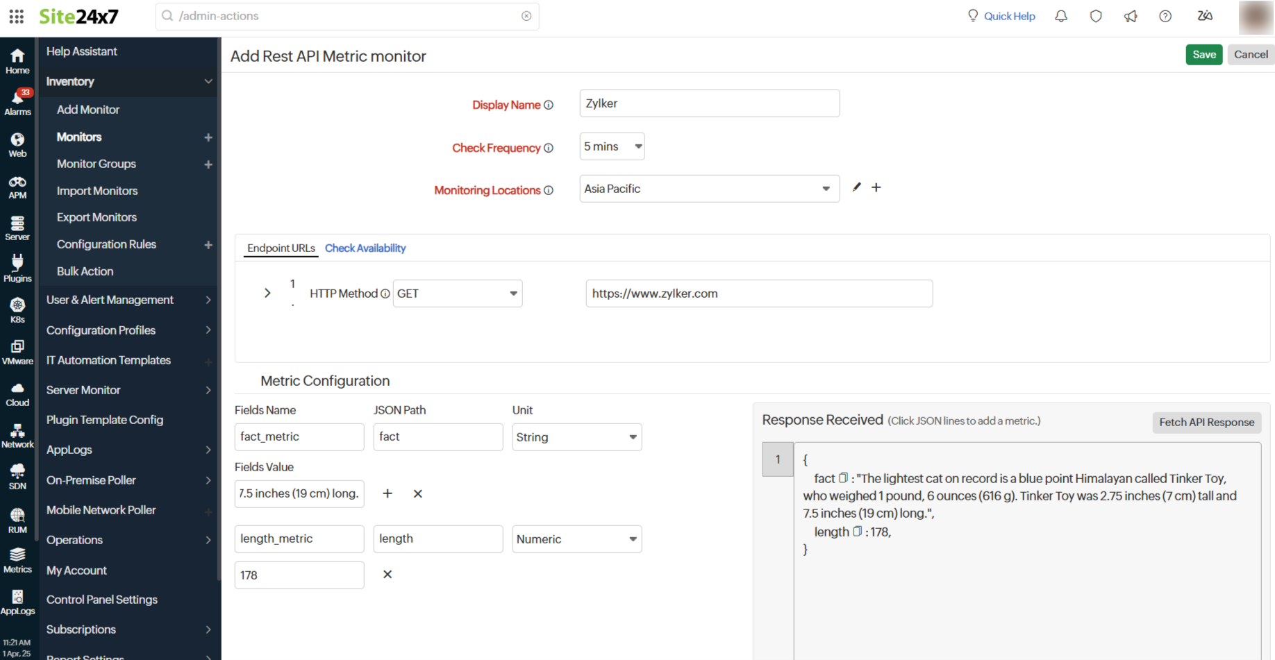 REST API Metric monitor