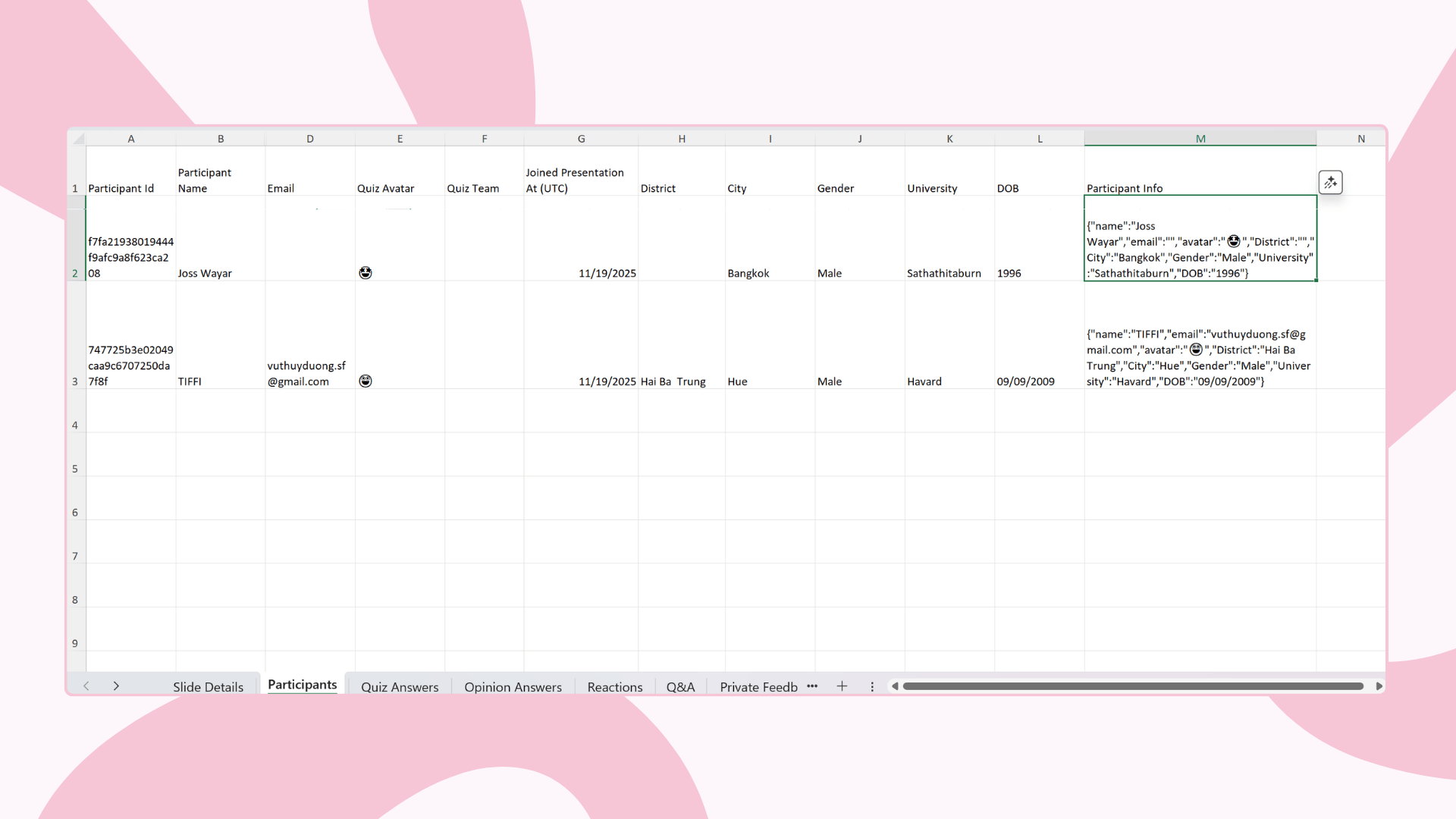 Excel report with participant info